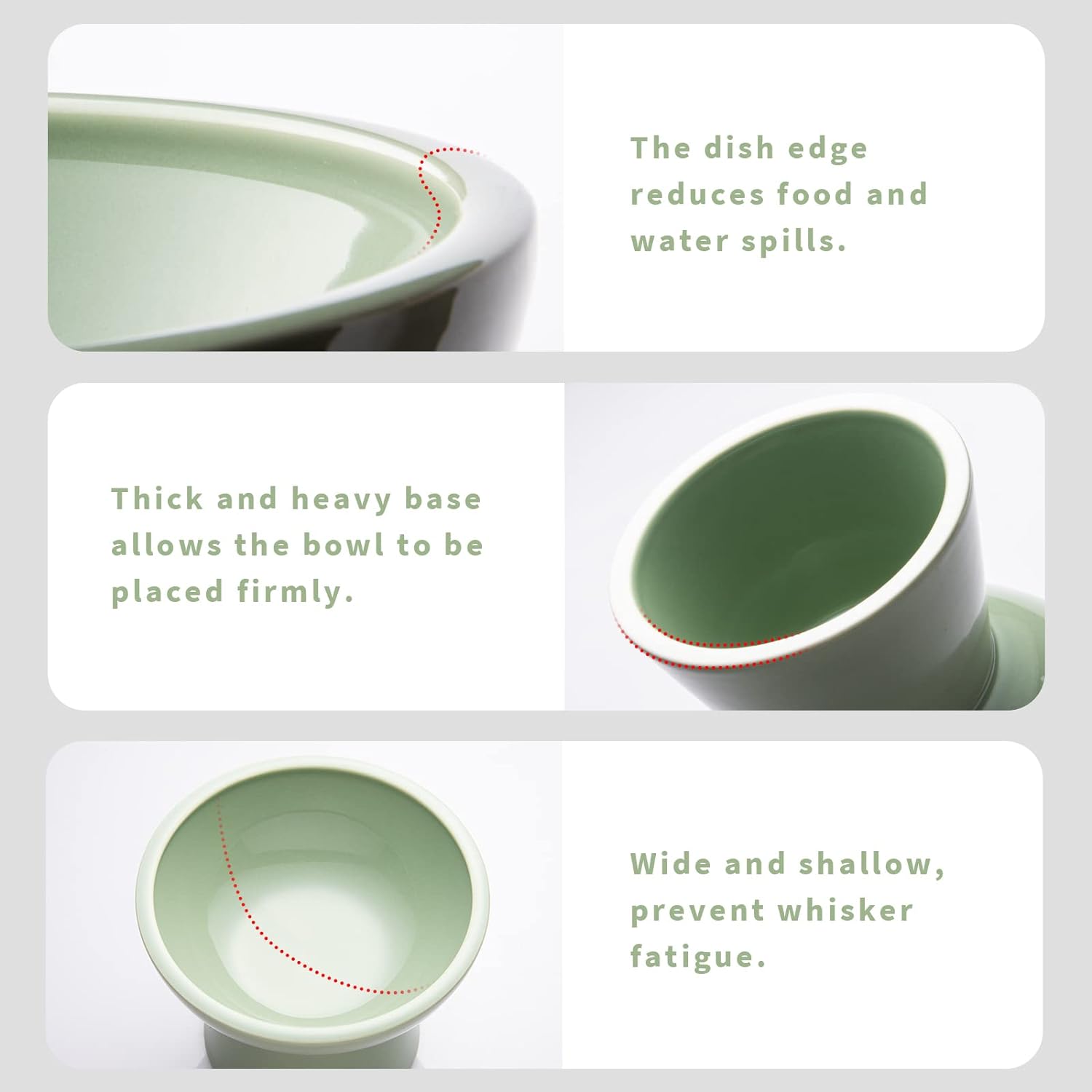 2-Pack Elevated Ceramic Cat Bowls Extra Wide for Food & Water | Anti Vomiting, Whisker Friendly, Shallow Food Dish and Deep Water Bowl, Lead&Cadmium-Free, Raised Height for Cats, Sage Green - view 3