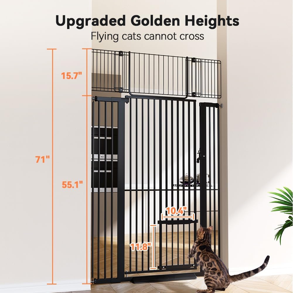 71" Extra Tall Pet Gate, 29.5-40.6" Wide with Adjustable Cat Door | Pressure Mounted Easy Walk Through Gate with Door for Stairs, Doorways, Kitchen (White) - view 2