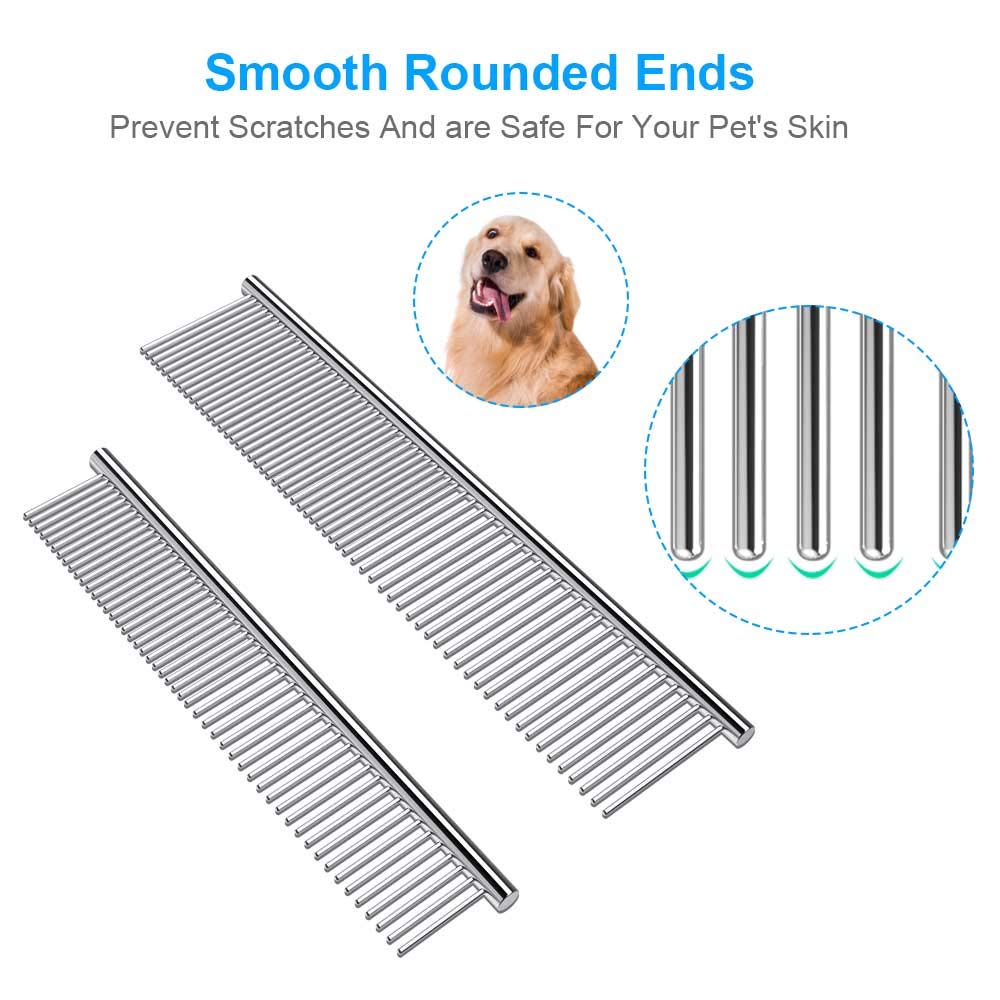 2 Pack Dog Combs with Rounded Ends Stainless Steel Teeth, Cat Comb for Removing Tangles and Knots, Professional Grooming Tool for Long and Short Haired Dog, Cat and other pets, 6.3IN/7.4IN - view 2