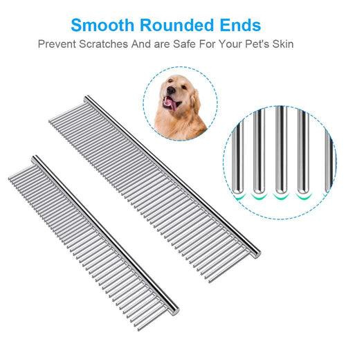 2 Pack Dog Combs with Rounded Ends Stainless Steel Teeth, Cat Comb for Removing Tangles and Knots, Professional Grooming Tool for Long and Short Haired Dog, Cat and other pets, 6.3IN/7.4IN - view 2