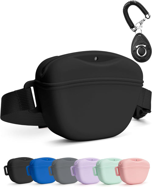 1.67 Cup Dog Treat Pouch with Training Clicker (Black) | Magnetic Closure, Silicone Bag with Waist Belt for Pet Training & Walking, Easy One-hand Treat Access