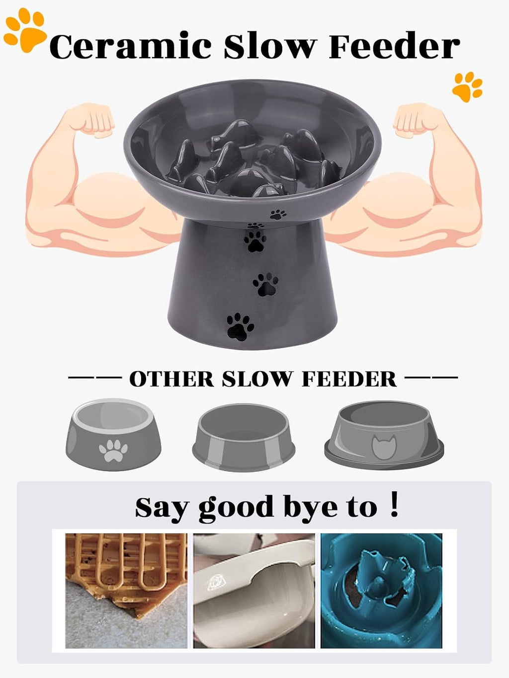 Slow Feeder Cat Bowl, Ceramic Cat Slow Feeder Bowl, 6 Inches, Elevated, Anti Vomiting for Dry and Wet Food, Gray - view 5