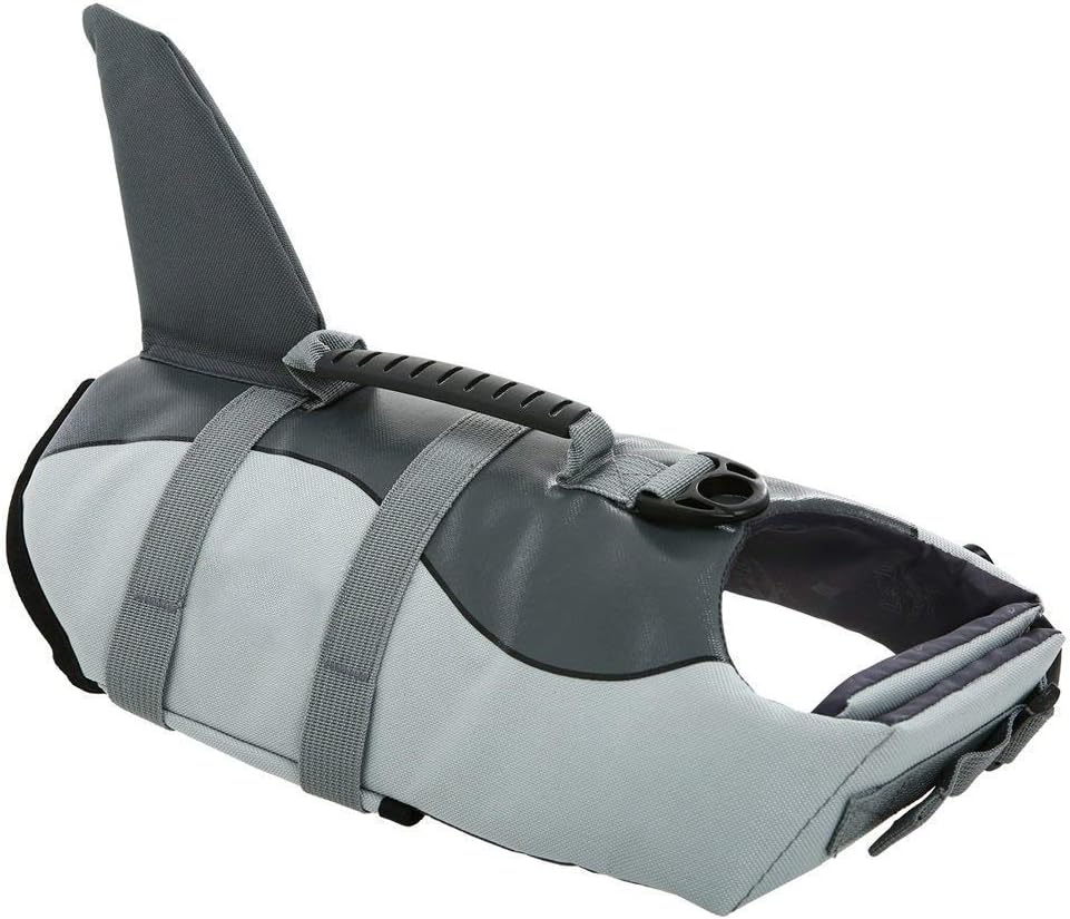 Dog life jacket ripstop shark dog safety vest adjustable preserver with high buoyancy and durable rescue handle for small, medium, large dogs, grey shark large