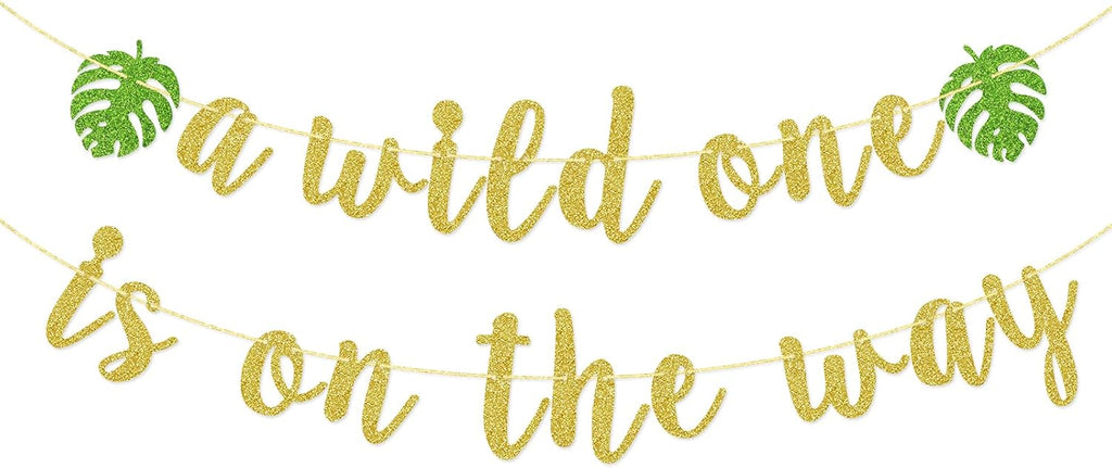 A Wild One is on the Way Banner - Pre-Strung Safari Baby Shower Decorations | Mess-Free Glitter Jungle Theme Photo Backdrop | Time-Saving Welcome Baby Party Supplies for Expecting Parents | Woodland Animals Theme Party Supplies, Palm Leaves Sign Welcome B