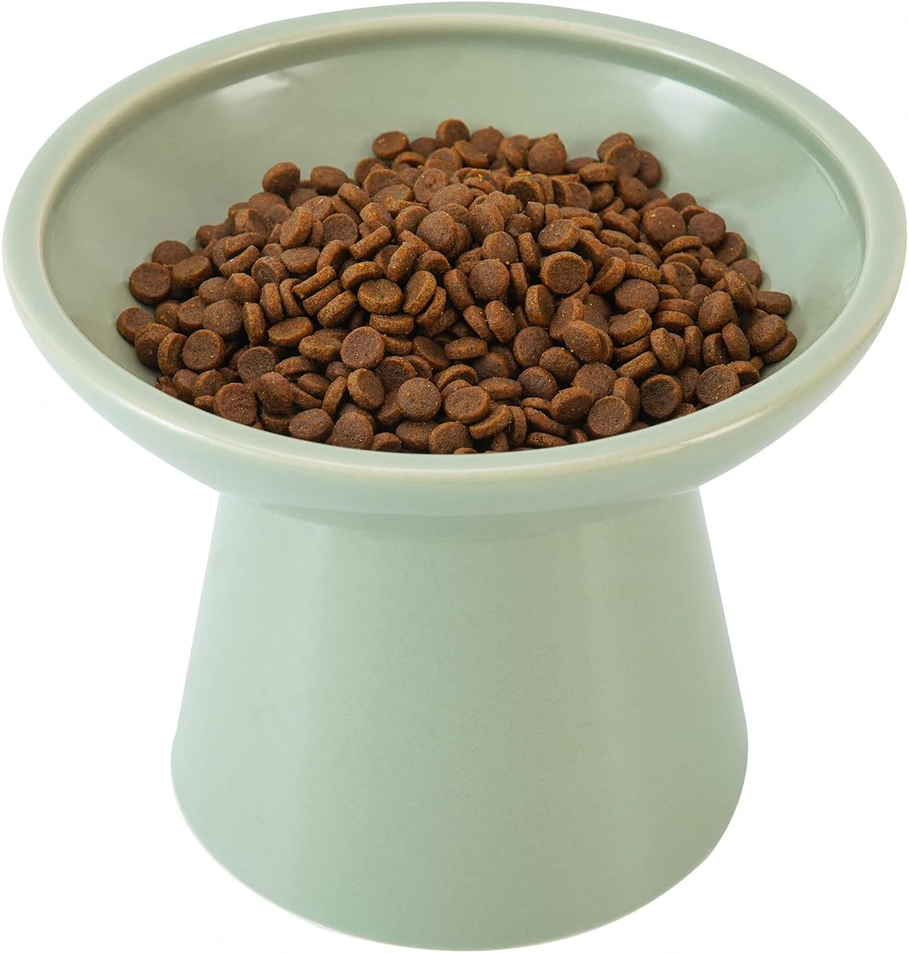 Extra Wide Elevated Ceramic 6.2" Shallow Cat Food Bowl | Cat Dish for Whisker Fatigue Relief, 5" Height for Easy Feeding, Lead & Cadmium Free, Durable Raised Cat Bowl, Sage Green
