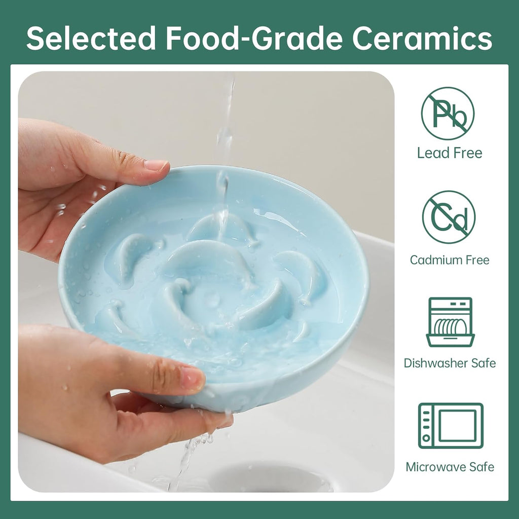2 pcs ceramic cat slow feeder bowl set, 6.3" wide, slow eating 5X | whisker friendly shallow slow feeding cat dishes, anti-vomit, for dry and wet food, microwave and dishwasher safe, white blue - view 5