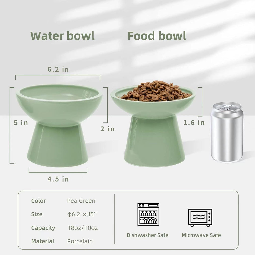 2-Pack Elevated Ceramic Cat Bowls Extra Wide for Food & Water | Anti Vomiting, Whisker Friendly, Shallow Food Dish and Deep Water Bowl, Lead&Cadmium-Free, Raised Height for Cats, Sage Green - view 2