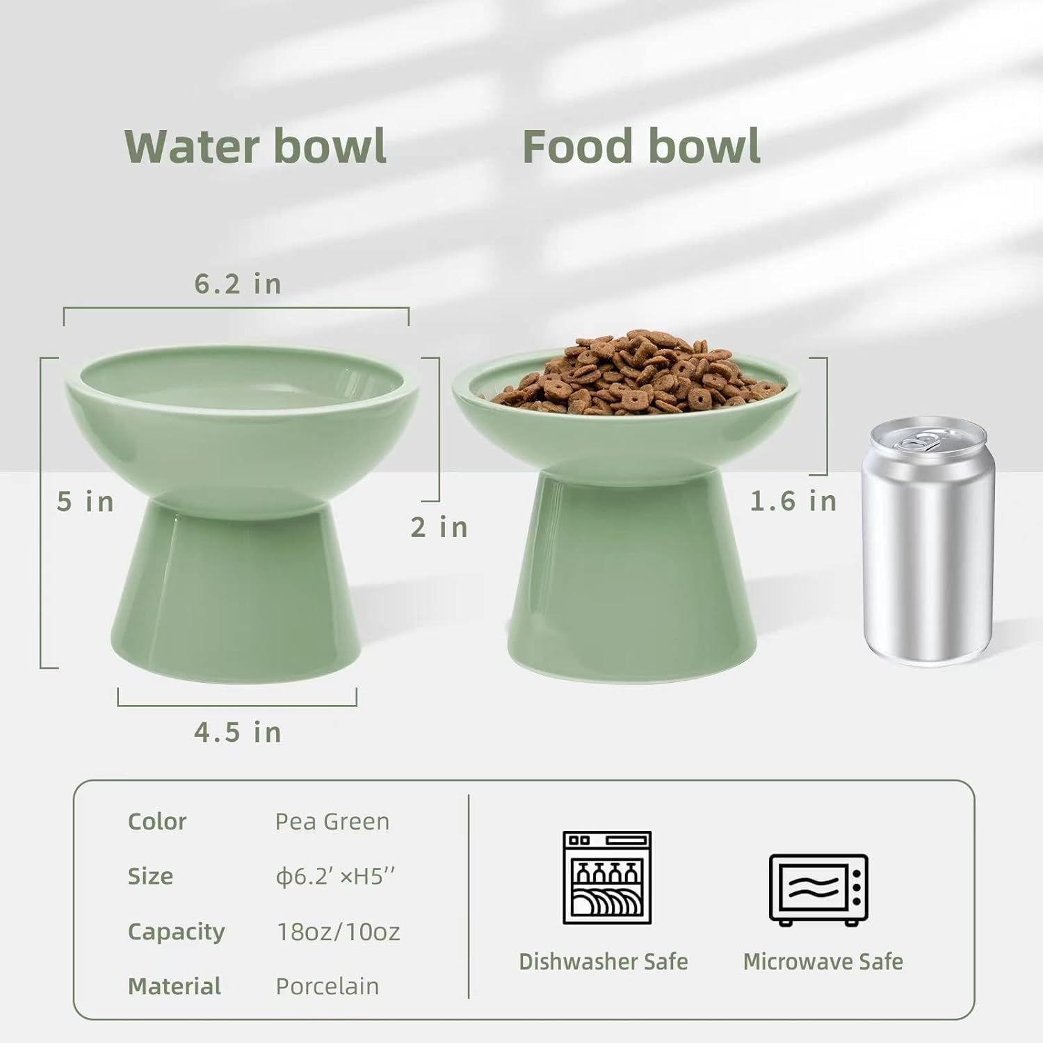 2-Pack Elevated Ceramic Cat Bowls Extra Wide for Food & Water | Anti Vomiting, Whisker Friendly, Shallow Food Dish and Deep Water Bowl, Lead&Cadmium-Free, Raised Height for Cats, Sage Green - view 2
