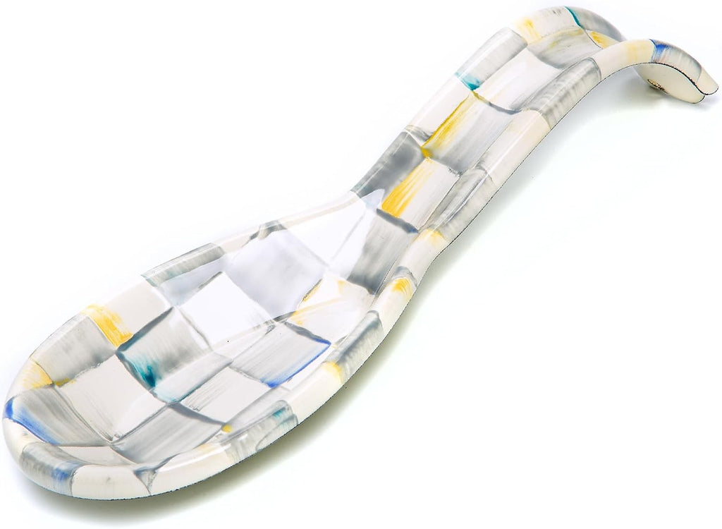 Enamel Spoon Rest, Gray-and-White Sterling Check | Hand-painted design, made from enameled steel, utensil rest and spoon holder for stovetop and kitchen counter use, 8.5" L