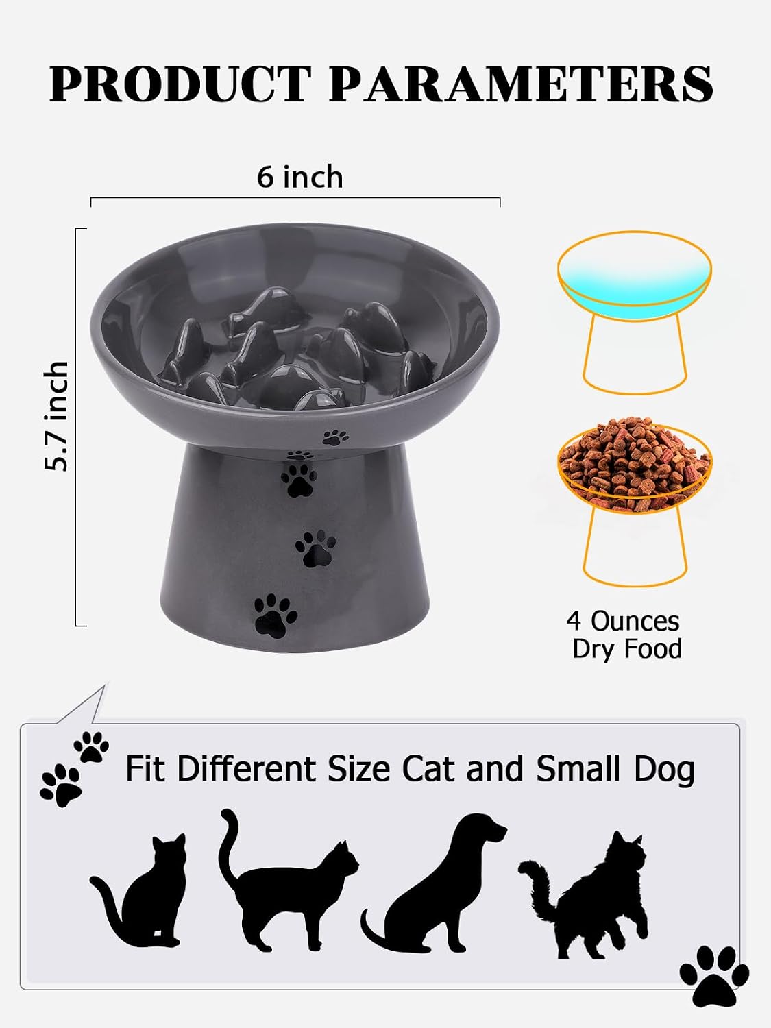 Slow Feeder Cat Bowl, Ceramic Cat Slow Feeder Bowl, 6 Inches, Elevated, Anti Vomiting for Dry and Wet Food, Gray - view 3