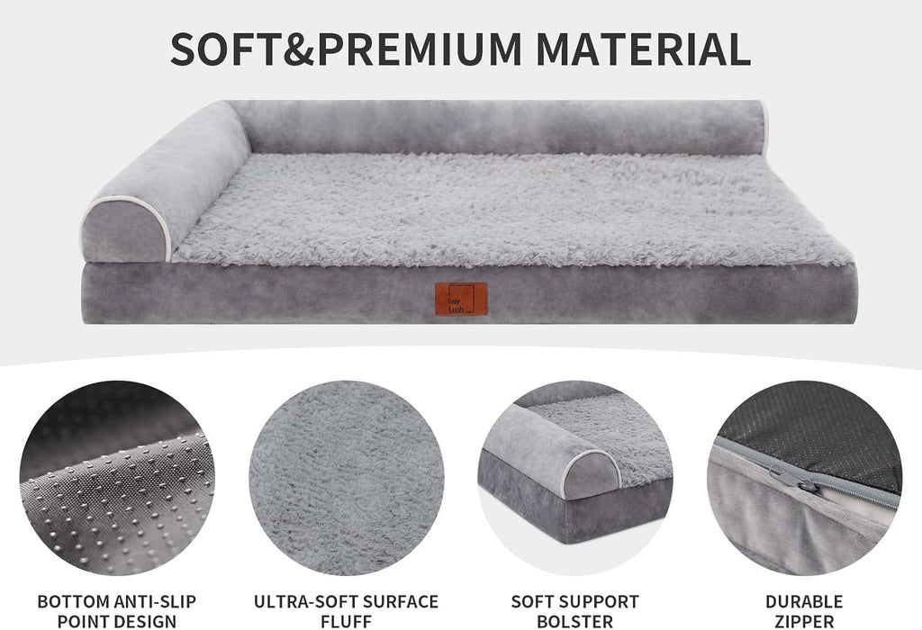 Orthopedic Dog Bed, Pet Sofa with Bolster for Extra Large Dogs | Egg Crate Foam, Removable Washable Cover, Waterproof Lining, Non-Slip Bottom, L-Shape, Cozy Plush, 42 x 30 Inch, Grey - view 3