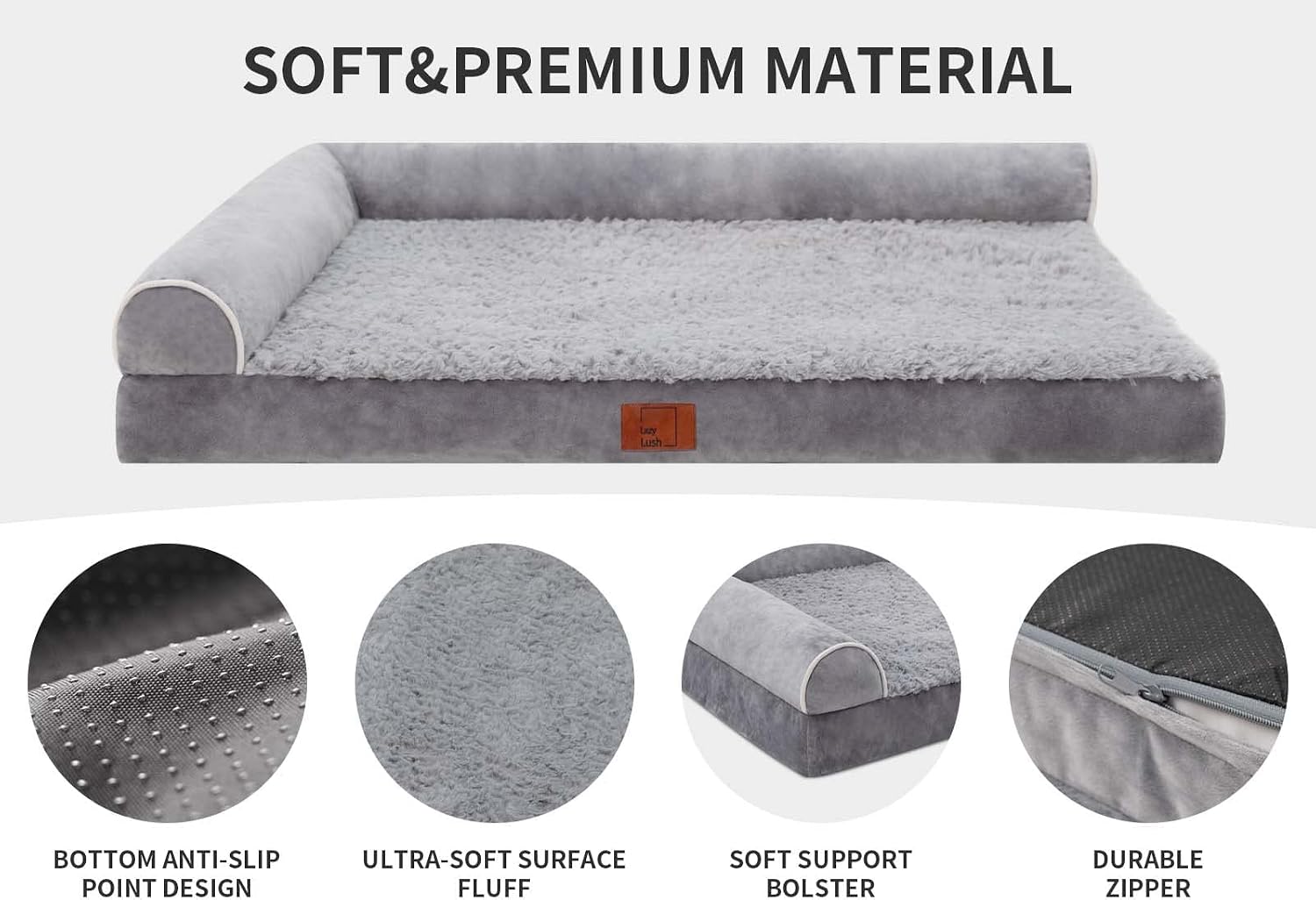 Orthopedic Dog Bed, Pet Sofa with Bolster for Extra Large Dogs | Egg Crate Foam, Removable Washable Cover, Waterproof Lining, Non-Slip Bottom, L-Shape, Cozy Plush, 42 x 30 Inch, Grey - view 3