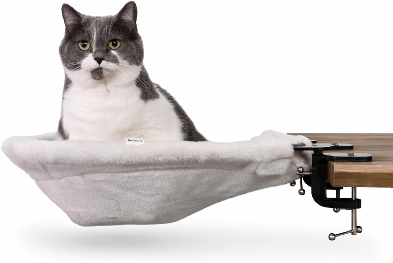 XL Desk Hammock for Cats | Adjustable Clamp On Cat Bed | Soft Faux Fur Elevated Cat Perch with Steel Frame | Space Saving Under Desk Lounge | Supports Cats Up to 70 lbs