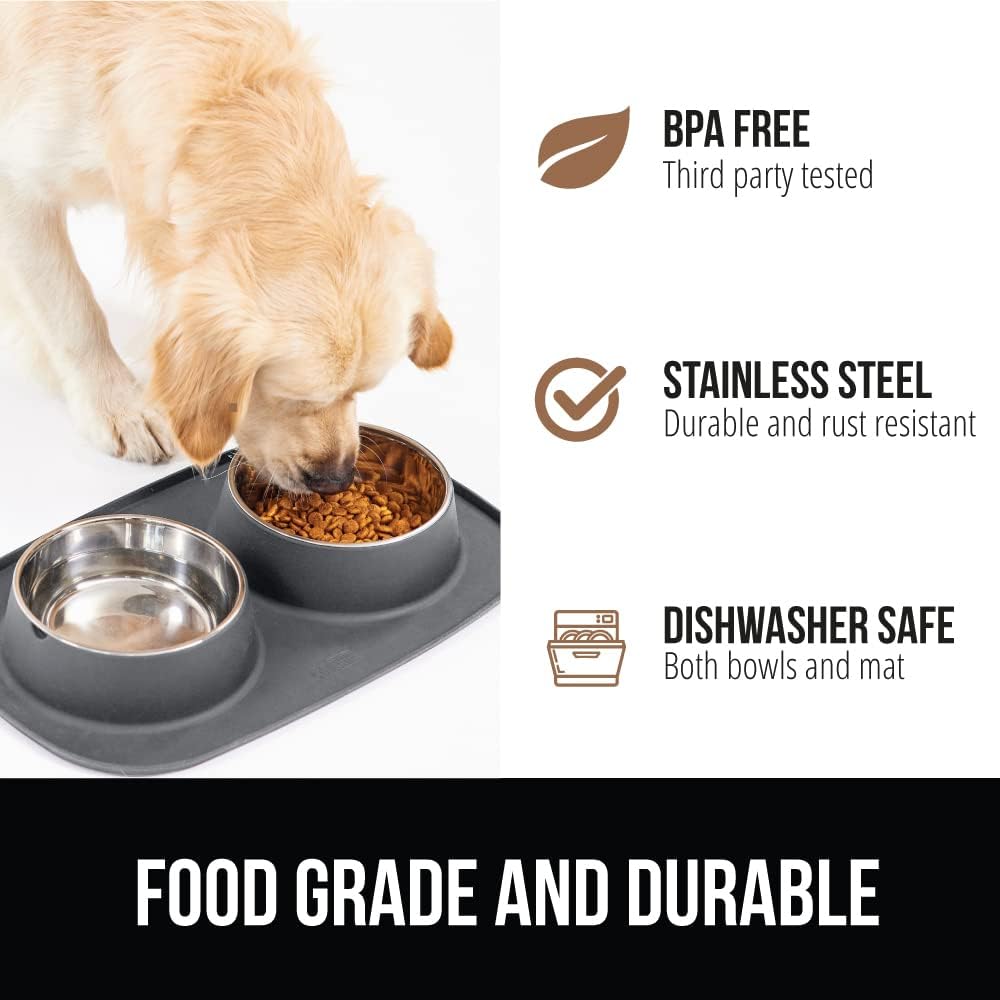 Dog bowl set with slip resistant silicone feeding mat, food grade 304 stainless steel bowls, BPA free, high edge spill containment, dishwasher safe, finger notch removal, 1 cup, gray - view 5
