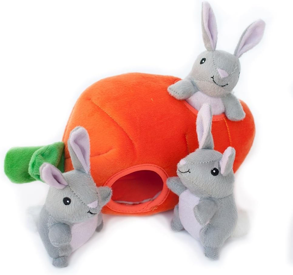 Burrow- Interactive Dog & Puppy Toys for Boredom, Stimulating Pet Products to Keep Them Busy, Hide & Seek Plush Dog Puzzles, Enrichment Squeaky Toy, for Small & Medium Dogs- Bunny n' Carrot