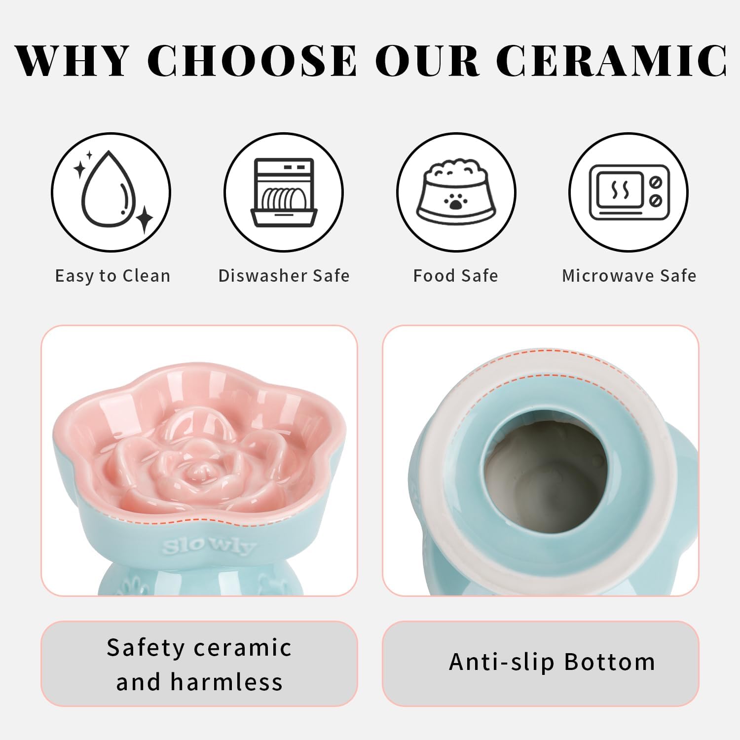 Raised Slow Feeder Cat Bowl, Ceramic Elevated and Titled Glass Food Bowl Small Dogs Slow Feeder, Flower Shaped Cute Cat Dish for Dry and Wet Food (Pink, 5.8") - view 4