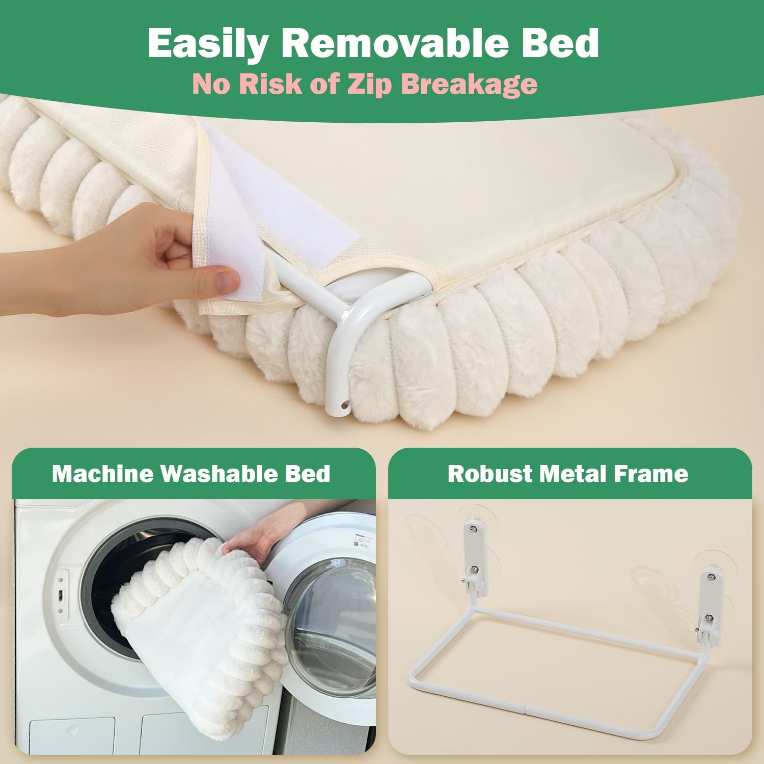 Foldable cat window perch - cordless, ultra soft machine washable bed with 4-sided bolster, metal frame - window hammock for large cats and kittens (cream white, medium) - view 4