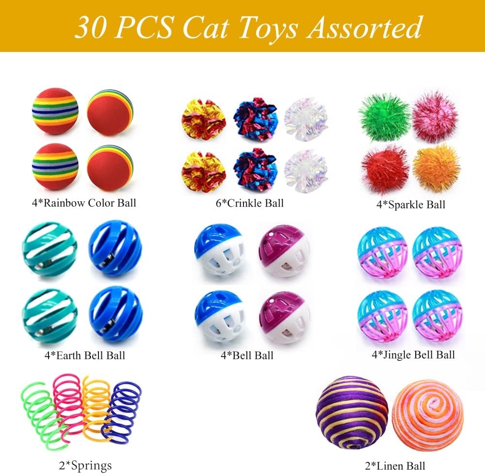 Cat Toys Kitten Assortment - Rainbow, Crinkle, Sparkle, Bell & Sisal Balls for All Cats - 30 Packs - view 2