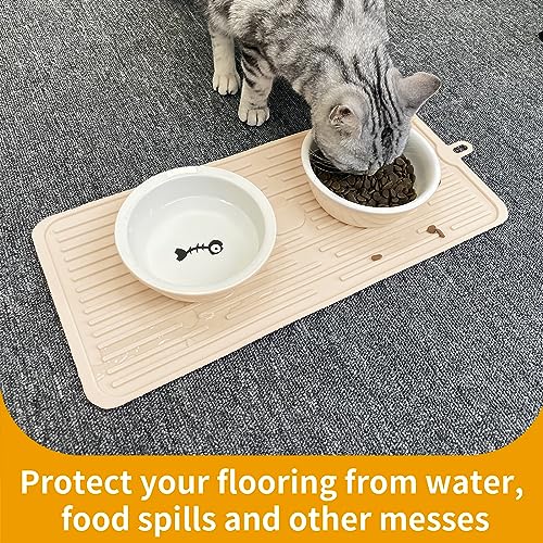 Pet Placemat for Dog and Cat, Anti-Slip Waterproof Dogs Feeding Mat Prevent Food and Water Overflow, Bowl Mats Suitable for Medium and Small Pets, Beige, Silicone - view 5