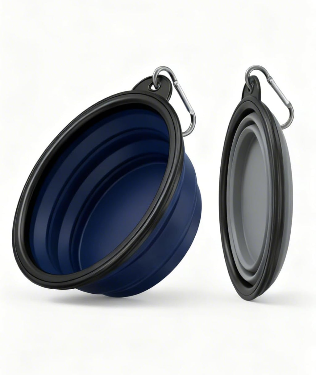 Collapsible dog bowls for travel, 2-pack dog portable water bowl for dogs cats pet foldable feeding watering dish for traveling camping with carabiners, BPA free (grey & navy-new, small (pack of 2))