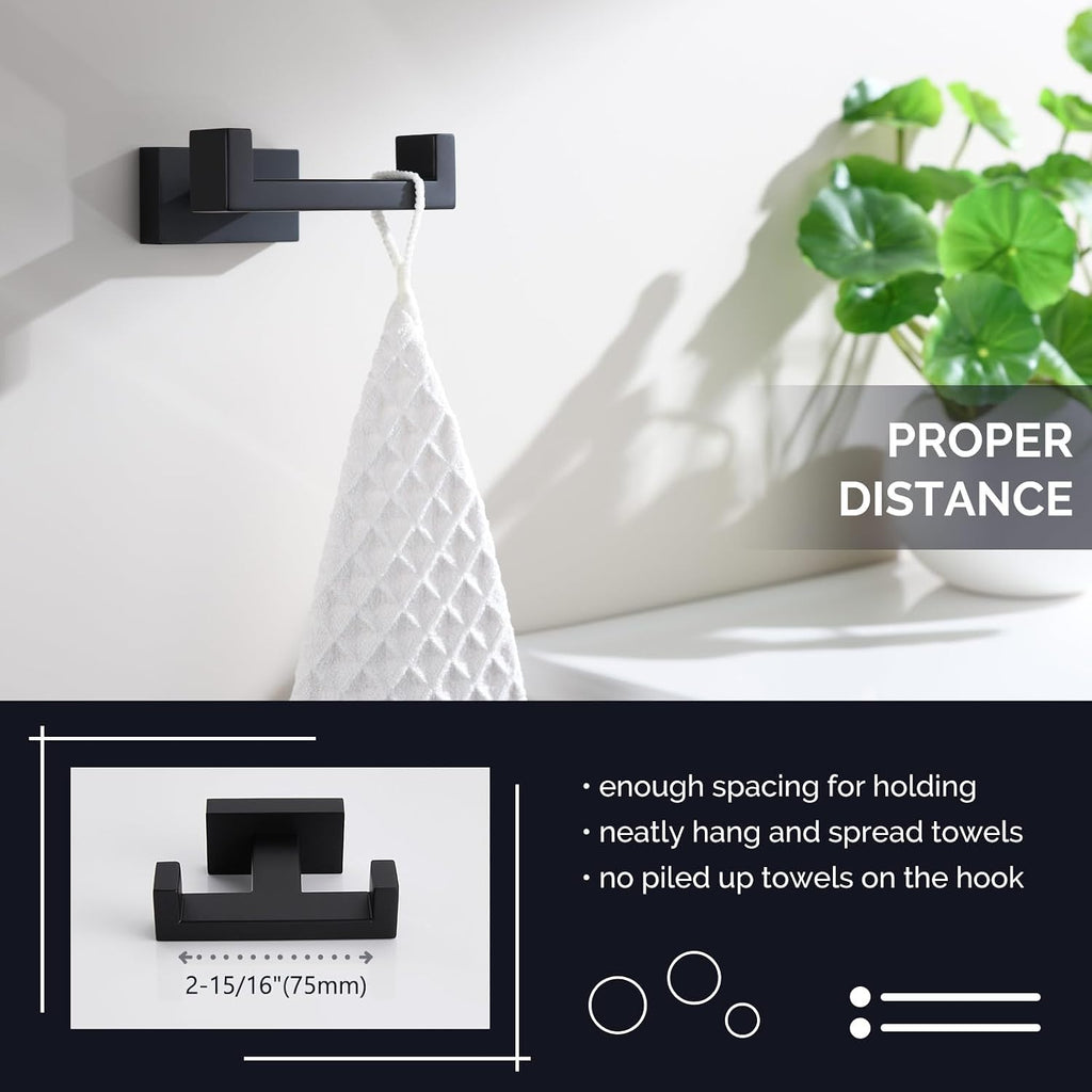 Angle Simple Double Towel Hook Matte Black, Bathroom Coat Robe Holder | SUS304 Stainless Steel Wall Hook, Bath Towel Holder Organizer for Robes Bags Loofahs, Screw Wall Mount - view 5