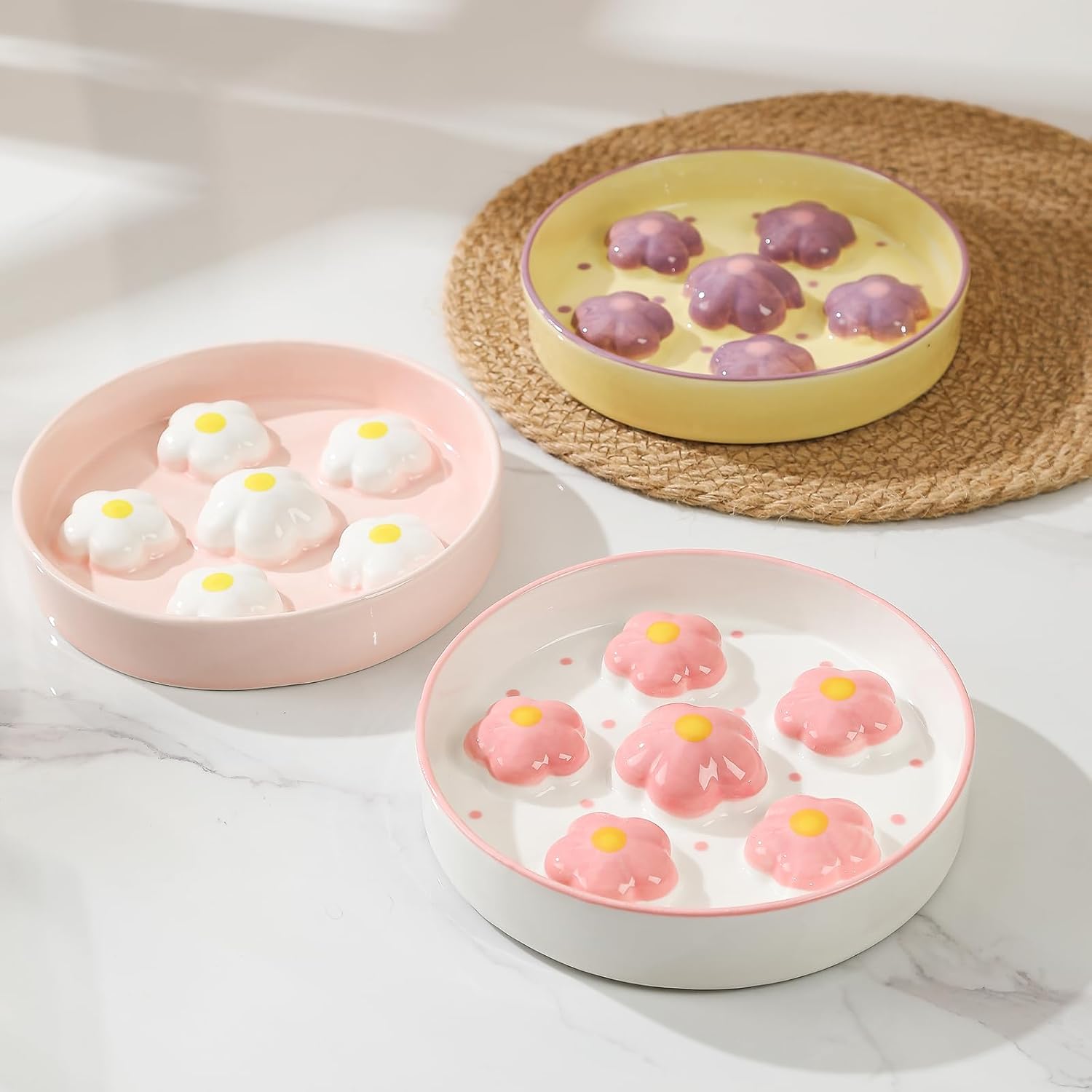 Ceramic slow feeder cat bowl, 6.3" whisker friendly anti-vomit, blush | shallow cat puzzle feeder, slow eating 3x, dry & wet food, cute flower-shaped maze, microwave & dishwasher safe, 6.3" X 1.2" - view 6