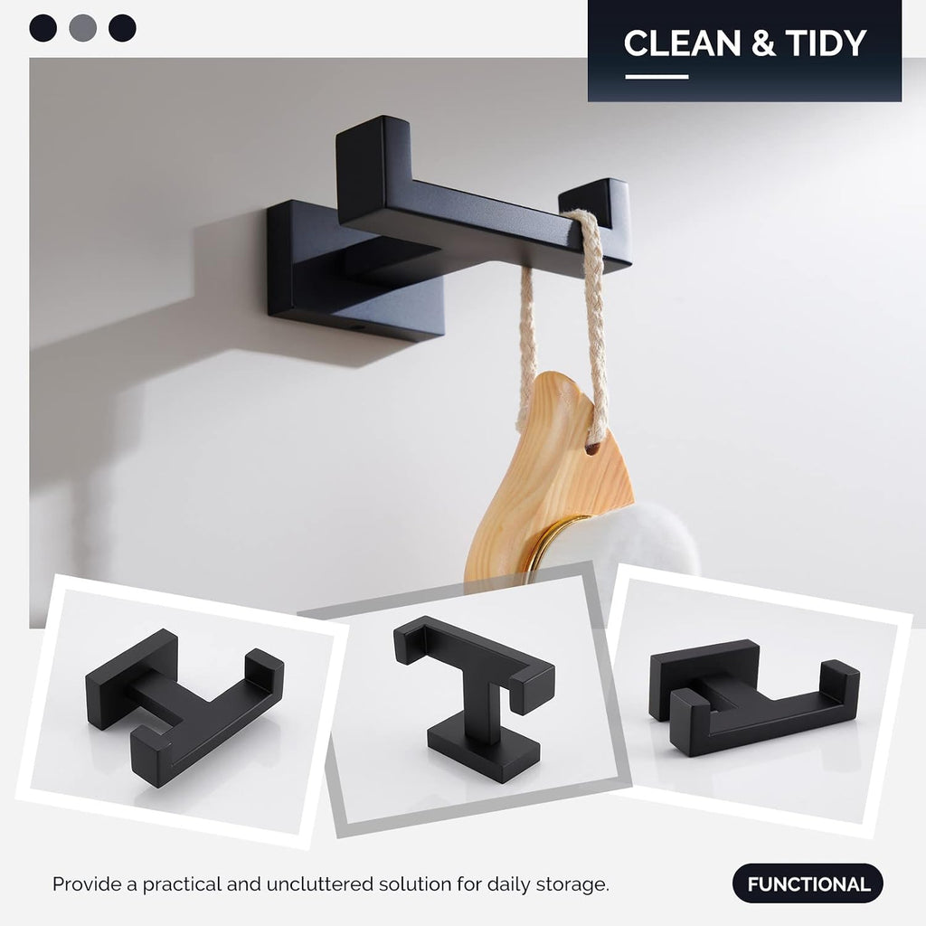 Angle Simple Double Towel Hook Matte Black, Bathroom Coat Robe Holder | SUS304 Stainless Steel Wall Hook, Bath Towel Holder Organizer for Robes Bags Loofahs, Screw Wall Mount - view 8