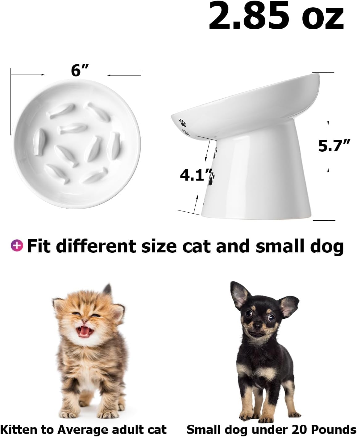 Slow Feeder Cat Bowl, Ceramic Cat Slow Feeder Bowl, 6 Inches, Elevated, Anti Vomiting for Dry and Wet Food, White - view 2