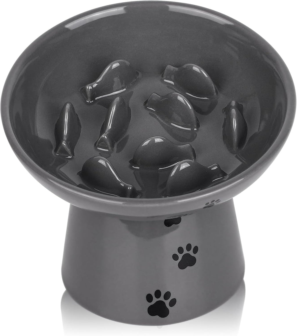 Slow Feeder Cat Bowl, Ceramic Cat Slow Feeder Bowl, 6 Inches, Elevated, Anti Vomiting for Dry and Wet Food, Gray