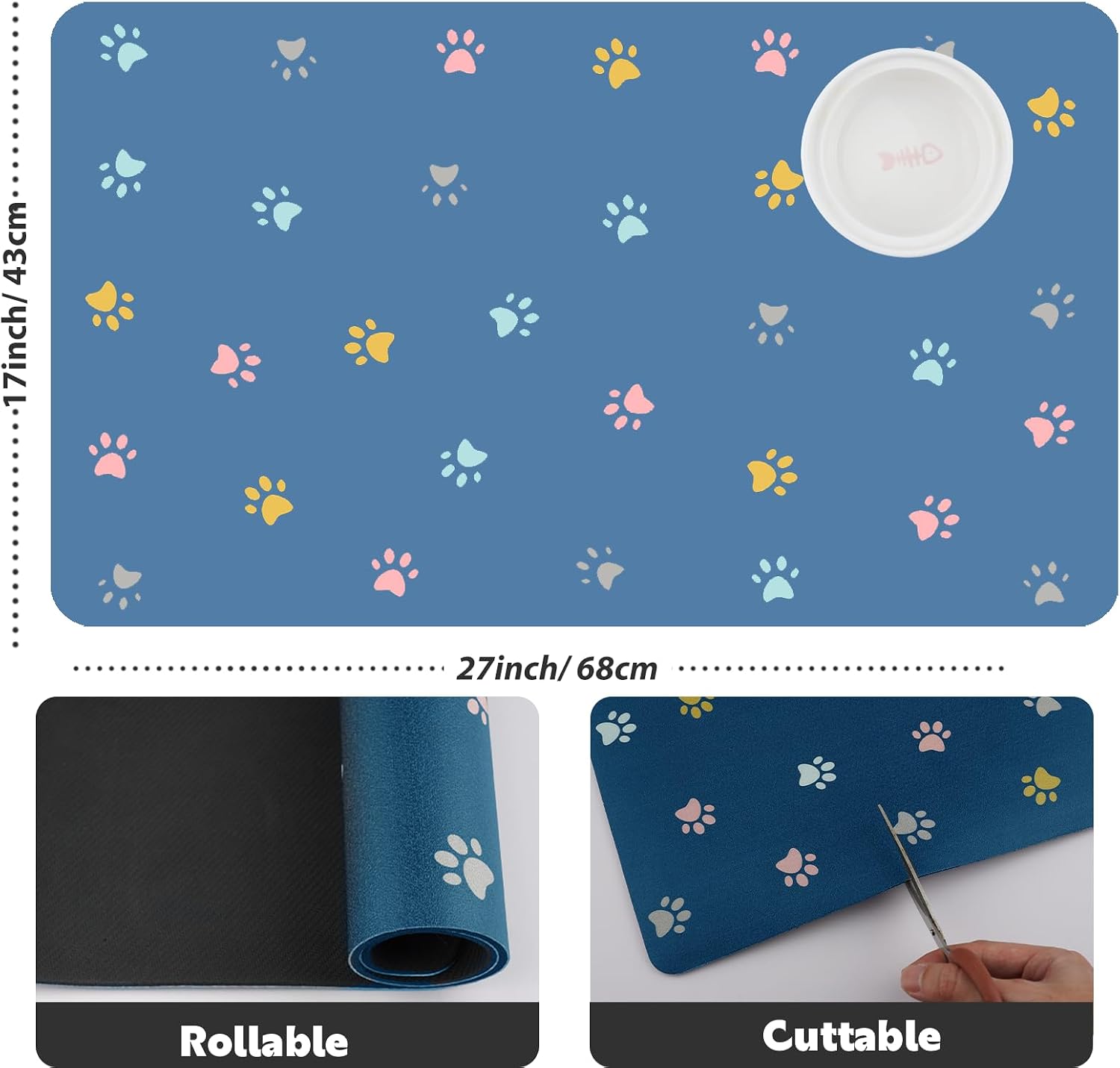 Pet Feeding Mat Absorbent Dog Mat for Food and Water Non Slip Quick Dry Dog Bowl Mats for Floors 27" X 17" Paw Lake Blue - view 5