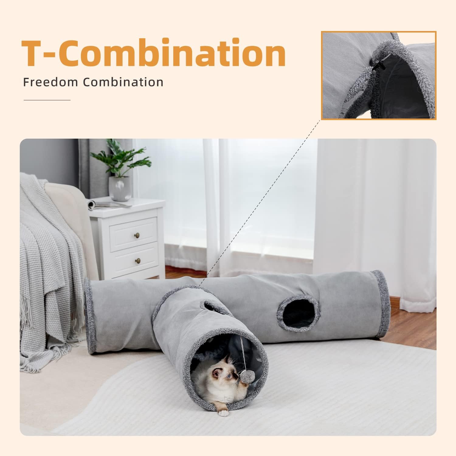 Cat Tunnel 51 Inches Long Cat Toys Collapsible Tunnel 12”Diameter | Large Cats Tube for Big Cats,Rabbits and Puppy Extra Long Cat Play Tunnel Straight with 2 Peepholes for Indoor&Adult Cats - view 7