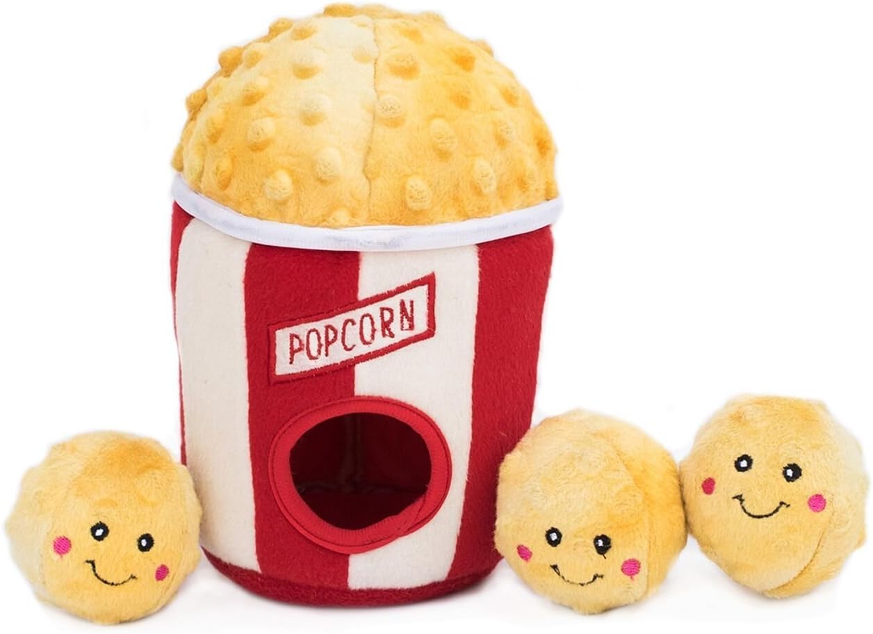 Burrow- Interactive Dog & Puppy Toys for Boredom, Stimulating Pet Products to Keep Them Busy, Hide & Seek Plush Puzzles, Squeaky Toy for Enrichment, for Small & Medium Dogs- Popcorn Bucket