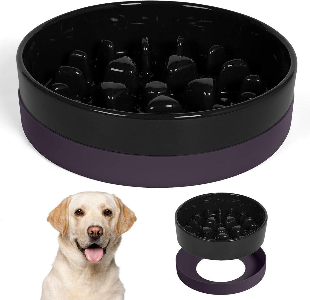 Ceramic Slow Feeder Dog Bowls for Medium Large Breed | Slow Feeding Dog Bowl, Dogs Food Bowls for Fast Eaters, Puzzle Dogs Food Bowl with Silicone Base, Maze Black