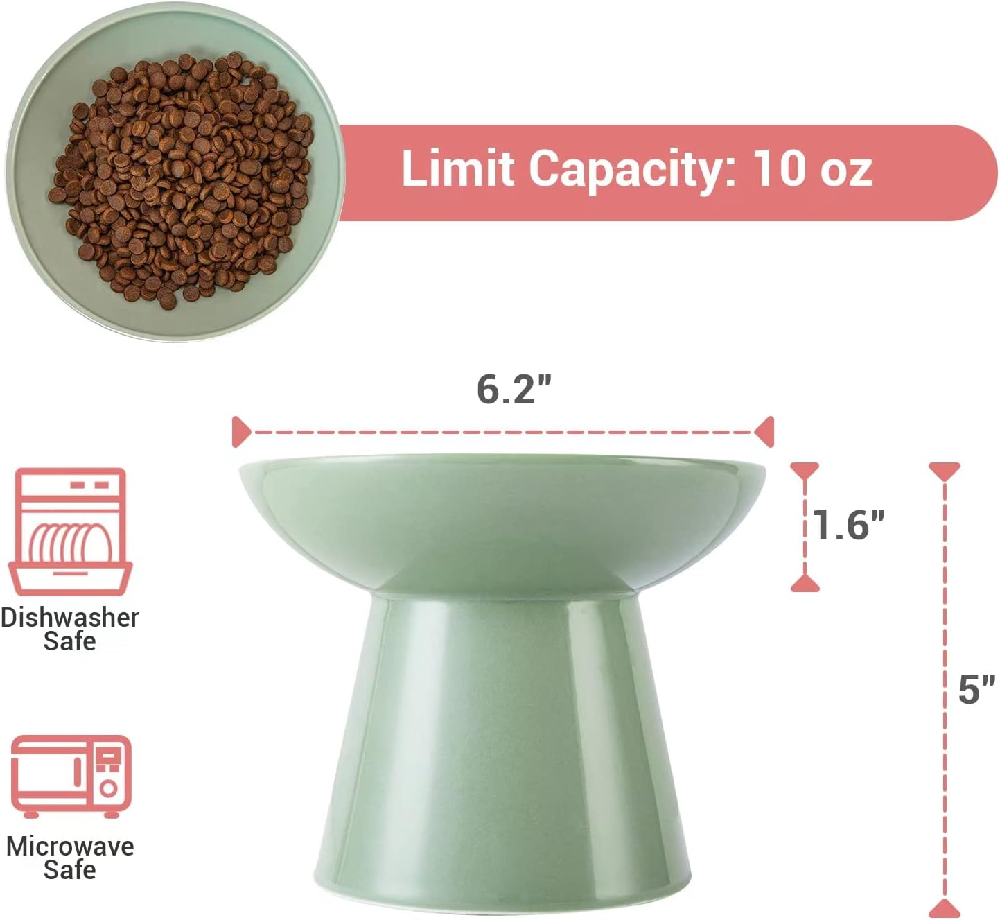 Extra Wide Elevated Ceramic 6.2" Shallow Cat Food Bowl | Cat Dish for Whisker Fatigue Relief, 5" Height for Easy Feeding, Lead & Cadmium Free, Durable Raised Cat Bowl, Sage Green - view 6