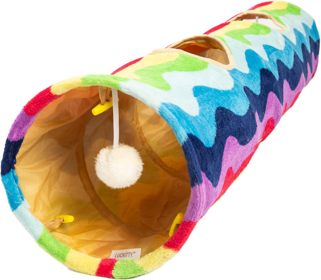 Cat tunnel - straight-shaped, rainbow wave color, soft velvet exterior, Oxford fabric fog-proof interior, plush toy ball, easily washable, conveniently foldable, 47.2in/120cm - view 7