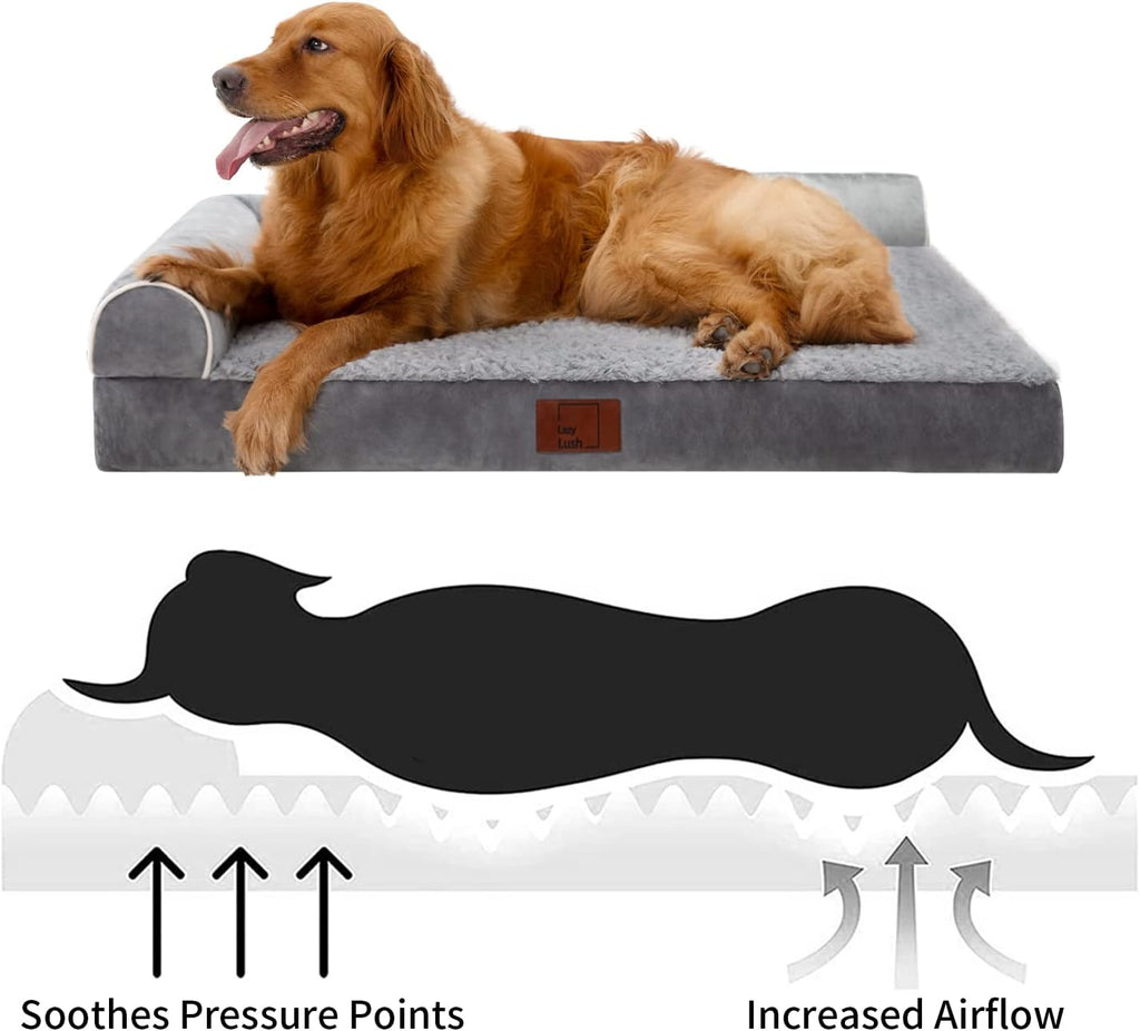 Orthopedic Dog Bed, Pet Sofa with Bolster for Extra Large Dogs | Egg Crate Foam, Removable Washable Cover, Waterproof Lining, Non-Slip Bottom, L-Shape, Cozy Plush, 42 x 30 Inch, Grey - view 2