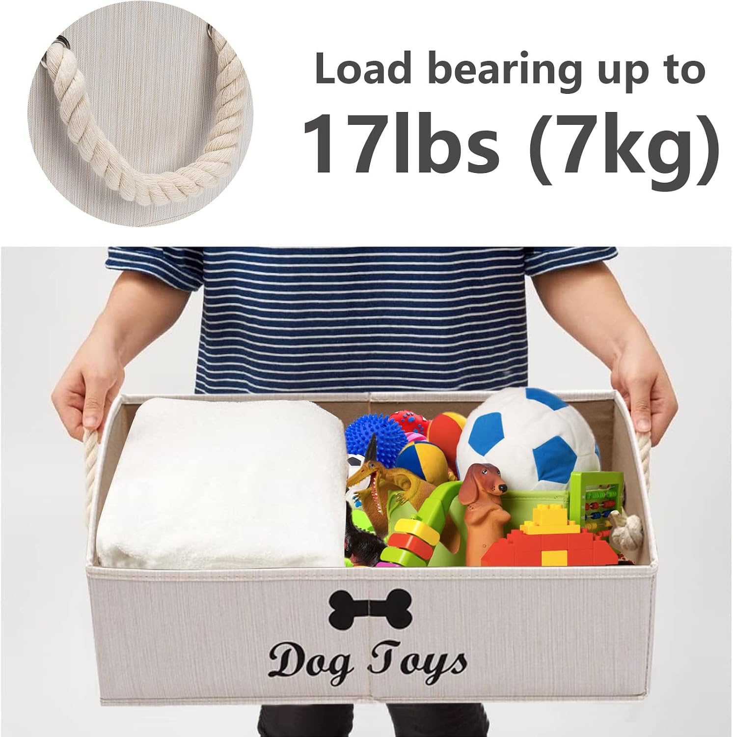 Large Dog Toys Storage Bins-Foldable Fabric Trapezoid Organizer Boxes with Weave Rope Handle,Collapsible Basket for Shelves,Dog Apparel(Beige-Dog) - view 3