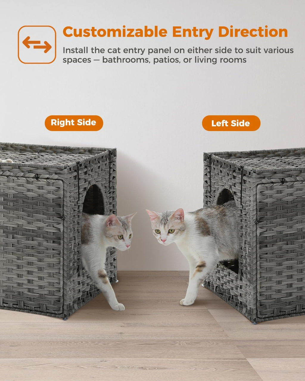 Rattan Cat Litter Box Enclosure, XL, Gray | Handwoven wicker; Hidden litter box furniture; Raised-edge mat; Tall doorway; Odor control; Designed for large cats - view 8