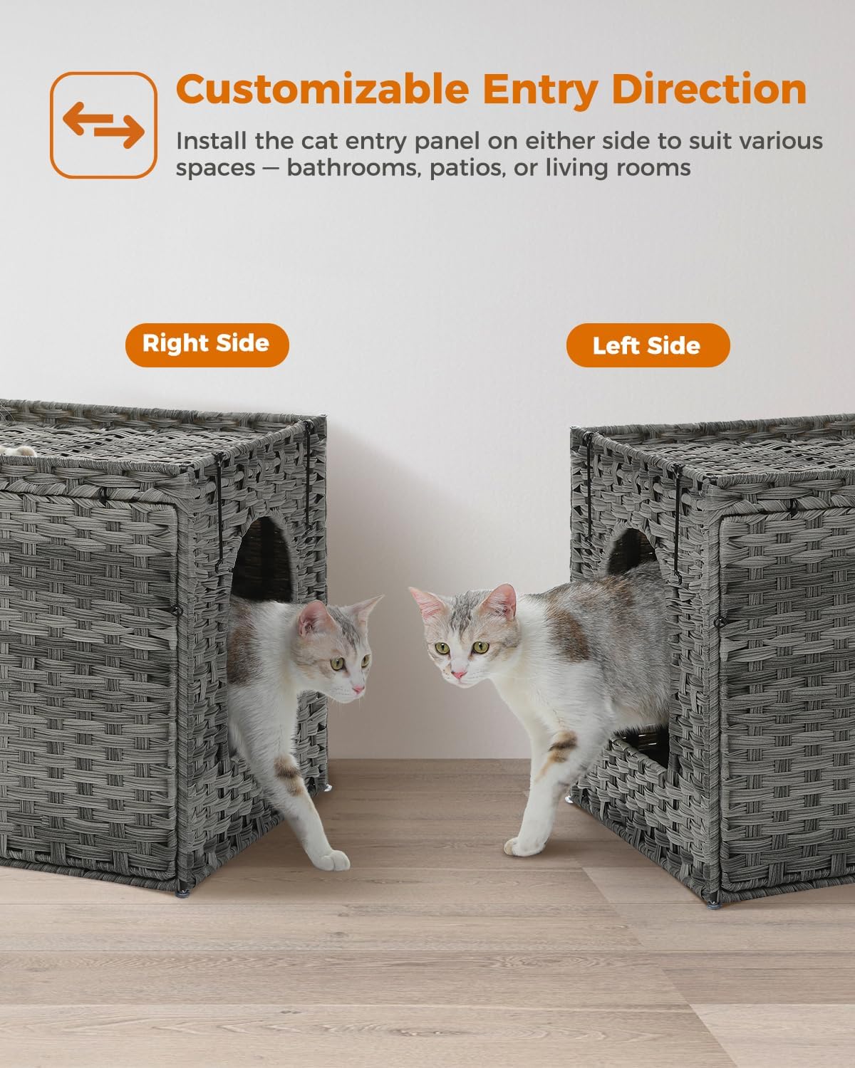 Rattan Cat Litter Box Enclosure, XL, Gray | Handwoven wicker; Hidden litter box furniture; Raised-edge mat; Tall doorway; Odor control; Designed for large cats - view 8