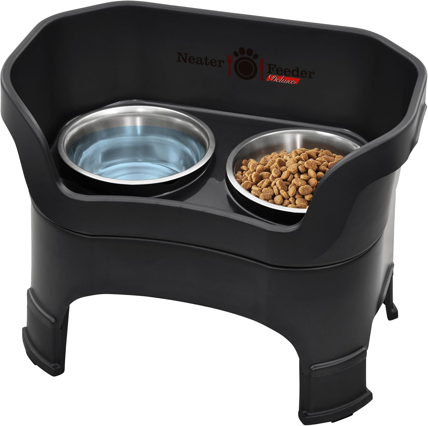 Mess-proof elevated dog bowls for large dogs (40+ lbs), 2 height adjustable (14.5" & 17.5") no-spill raised dog bowl stand, stainless steel food bowl set, made in USA, black