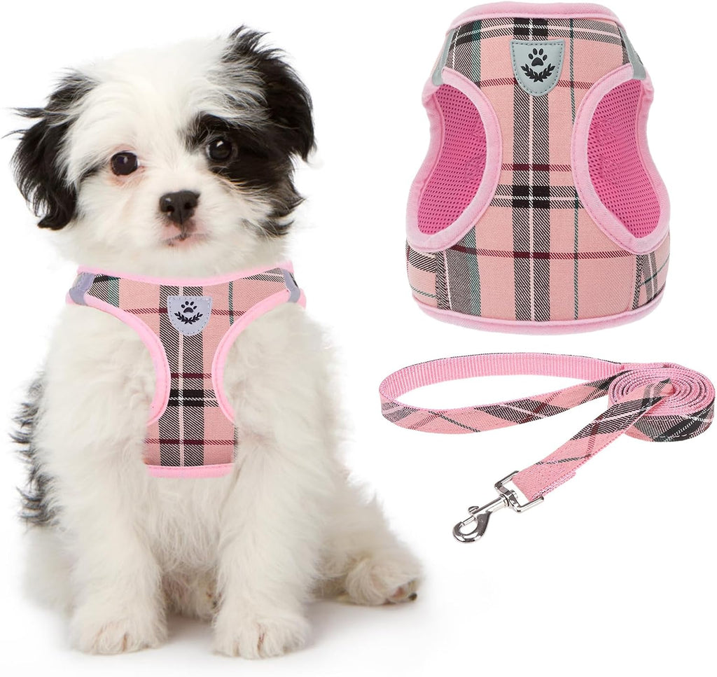 Small Dog Harness and Lead Set, Soft Mesh Plaid Puppy Harness with Safety Buckle, Adjustable & Comfortable Padded Reflective Vest for Puppies and Small Breeds Dogs Walking,Pink,X-Small
