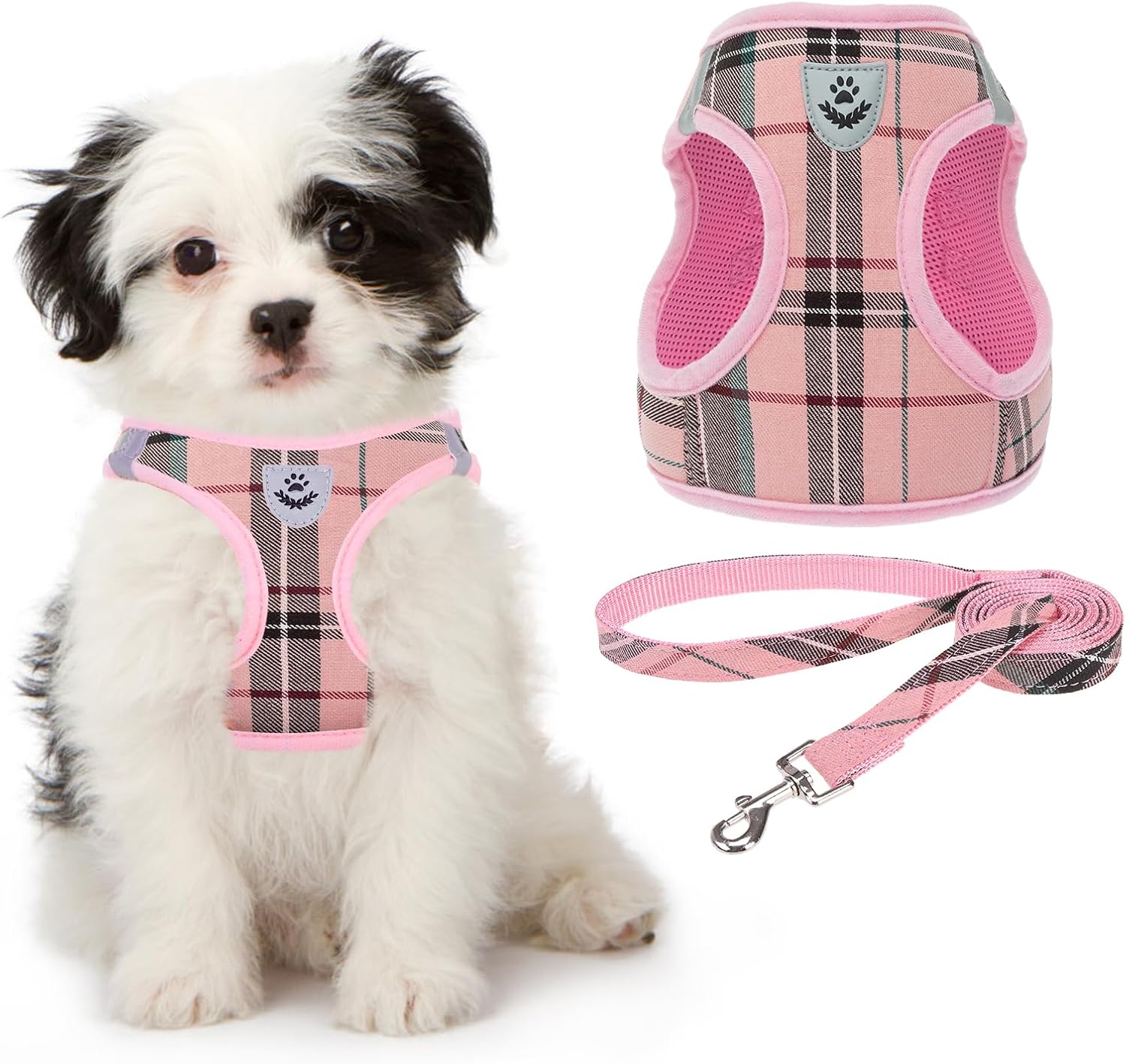 Small Dog Harness and Lead Set, Soft Mesh Plaid Puppy Harness with Safety Buckle, Adjustable & Comfortable Padded Reflective Vest for Puppies and Small Breeds Dogs Walking,Pink,X-Small