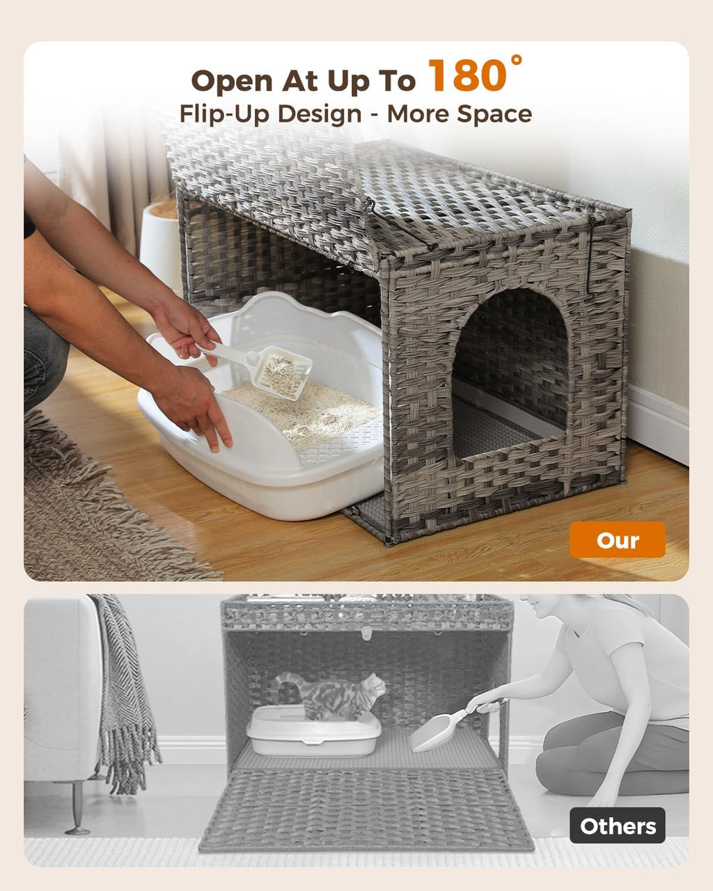 Rattan Cat Litter Box Enclosure, XL, Gray | Handwoven wicker; Hidden litter box furniture; Raised-edge mat; Tall doorway; Odor control; Designed for large cats - view 4