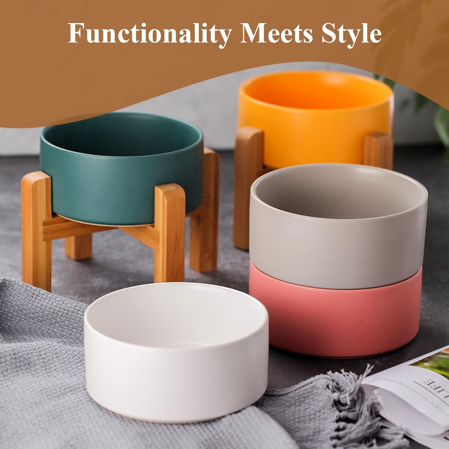 Ceramic elevated raised cat bowl with wood stand no spill pet food water feeder cats small dogs - view 6