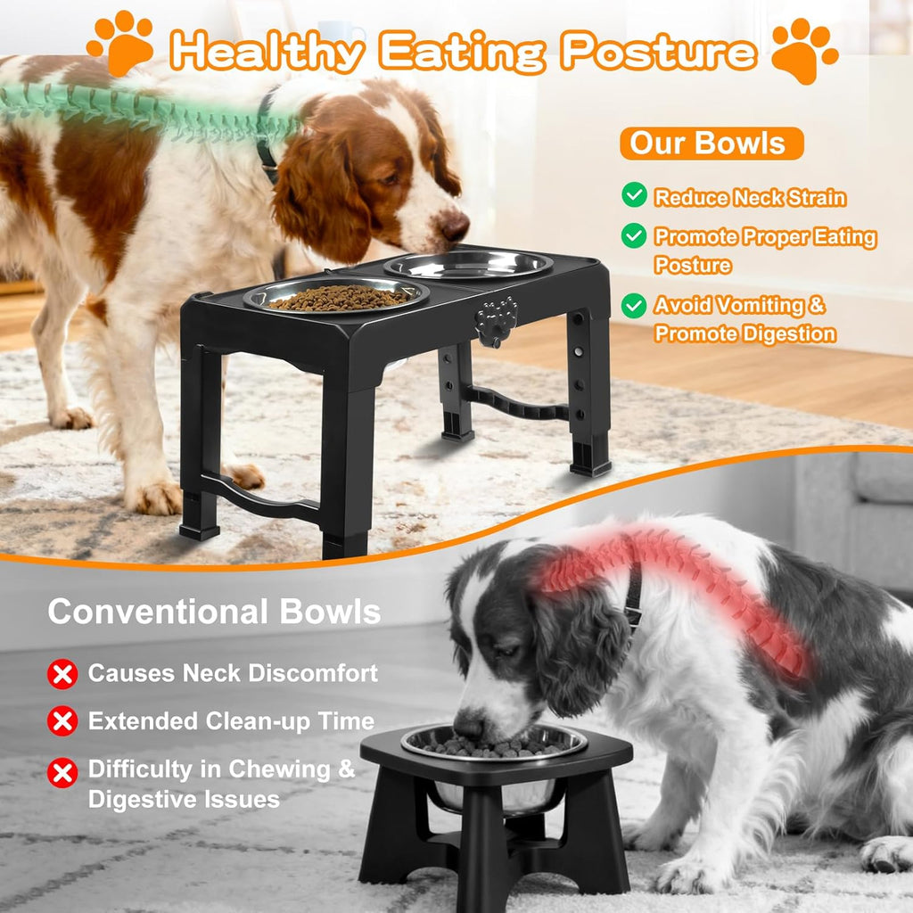 Elevated Dog Bowls, 5 Adjustable Heights (3.9"-13.4") Raised Dogs Food Bowl Stand for Medium Large Sized Dogs, Non-Slip Foldable Travel Pet Feeder Black with Stainless Steel Bowls - view 3