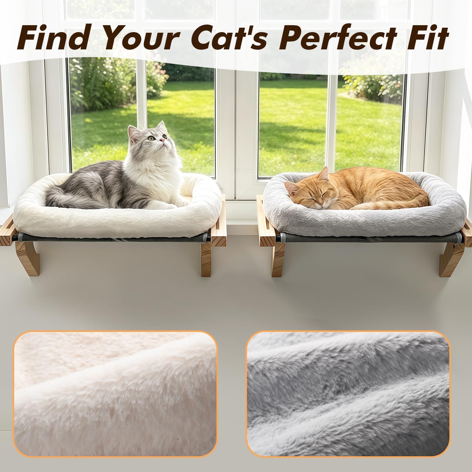 Cat Sill Window Perch Sturdy Hammock Window Seat with Cushion Bed Cover, Wood & Metal Frame for Large Cats, Easy to Adjust Cat Bed for Windowsill, Bedside, Drawer and Cabinet(Cushion Bed) - view 4