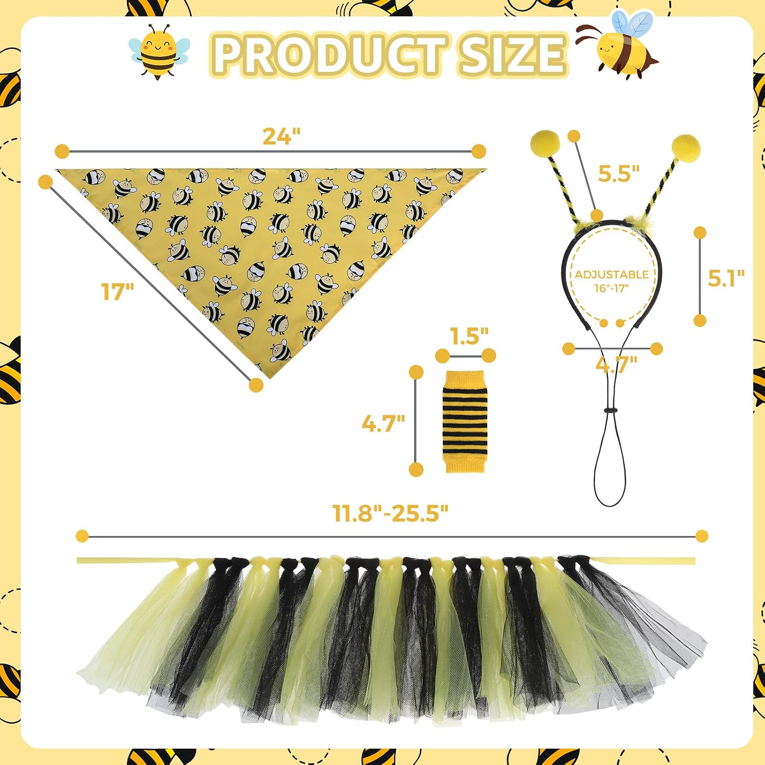 Dog Bee Costume, Bumble bee Dog Bandana Outfit with Cute Headband Tutu Skirt Leg Sleeves Set, Funny Puppy Halloween Costume Party Cosplay Accessory Supplies for Small Medium Dogs Cats - view 4