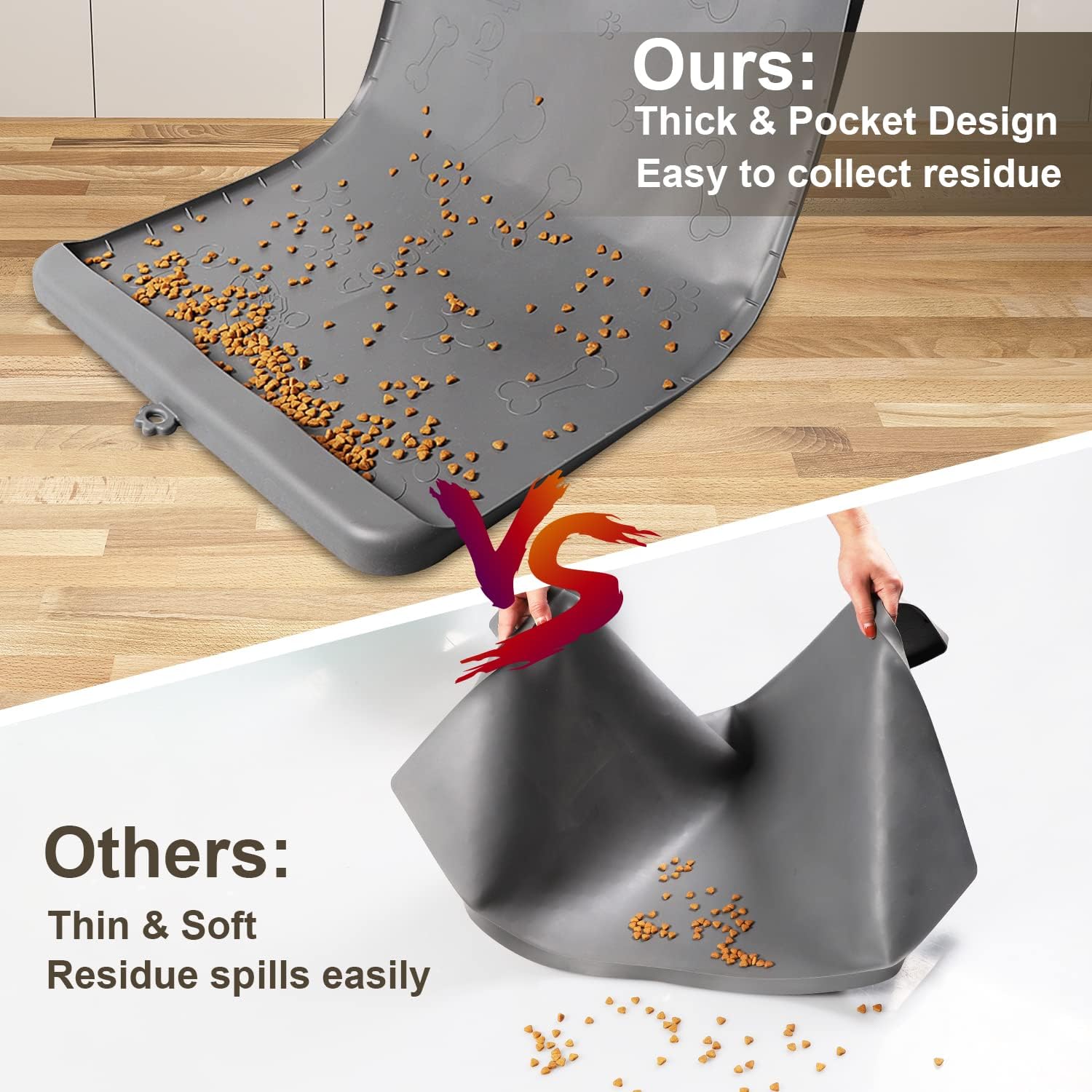 Dog food mat 36"x24" - silicone dog mat for food and water large pet feeding mats with residue collection pocket - waterproof dog cat bowl mat with high edges to prevent water food spills (gray) - view 5