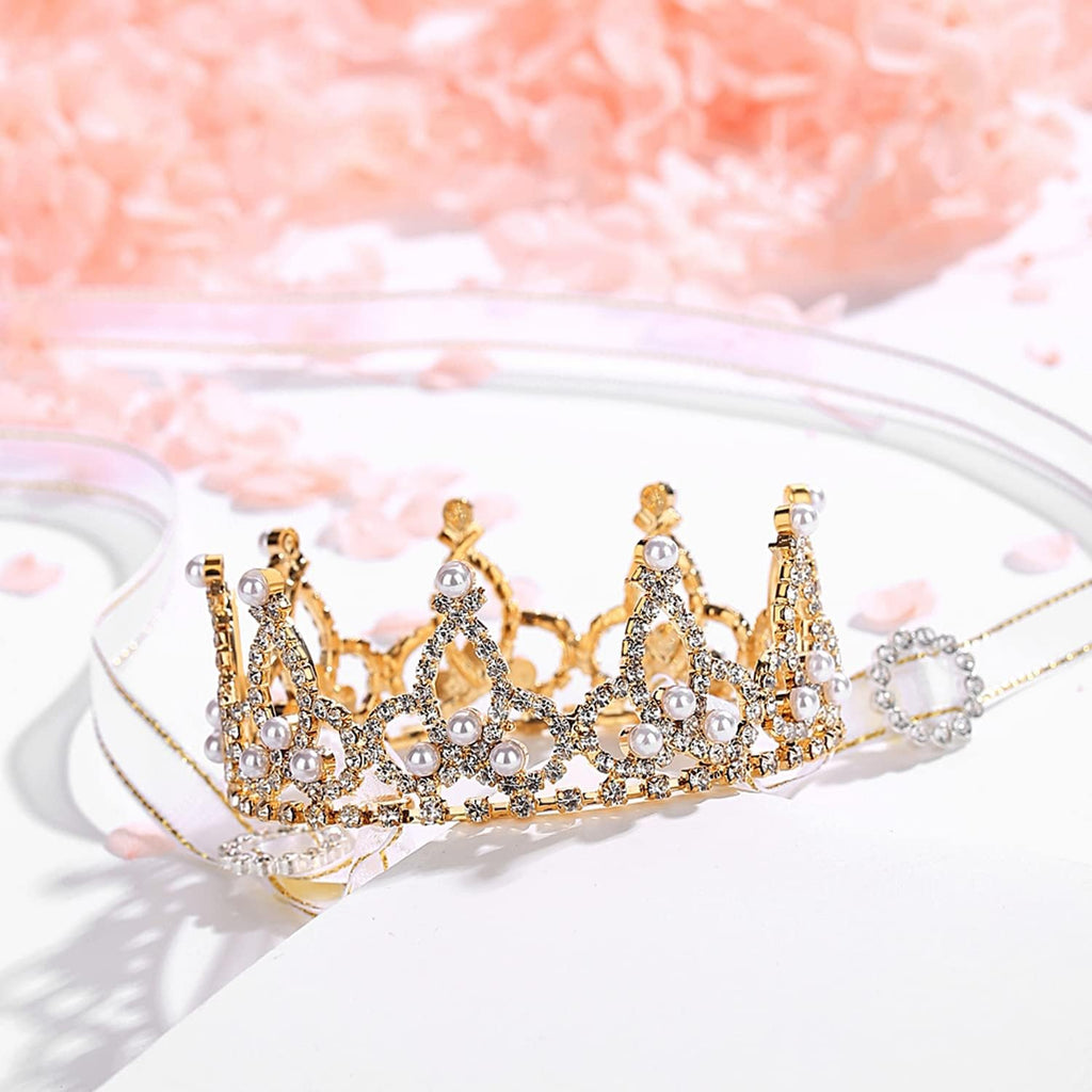 Pearl Rhinestone Pet Crown for Dogs & Cats, Gold, S | Full Round Dog/Cat Crown, Rolyal Family Costume, Pet hair Accessories - view 5