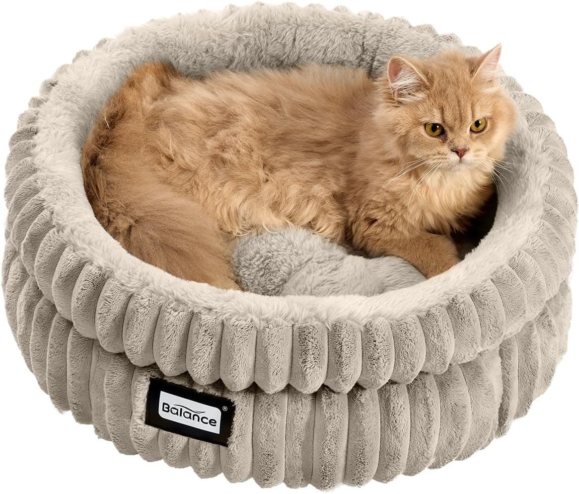 Cat Bed Kitten Bed, Washable Round Cat Beds for Indoor Cats,Super Soft Plush Faux Fur Pet Bed for Puppy and Kitten with Anti-Slip Bottom
